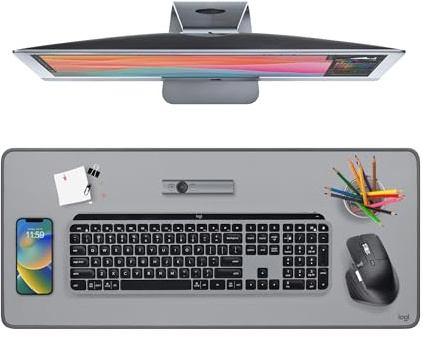 Logitech Desk Mat - Studio Series, Multifunctional Large Desk Pad, Extended Mouse Mat, Office Desk Protector with Anti-Slip Base, Spill-Resistant Durable Design, in Mid-Grey