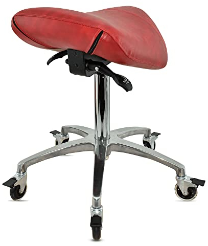 VAKON SALON - Sattelhocker mit Neigung Rot, Sattelstuhl, Rollhocker höhenverstellbar von 55-75 cm, Drehhocker, Praxishocker, Bürohocker, Arbeitshocker