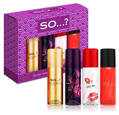 So…? Iconic Womens Mini Galore Gift Set, with SO…?, Kiss Me, Sinful & Exclusive Body Mist Fragrance Spray Set (4 x 50ml)