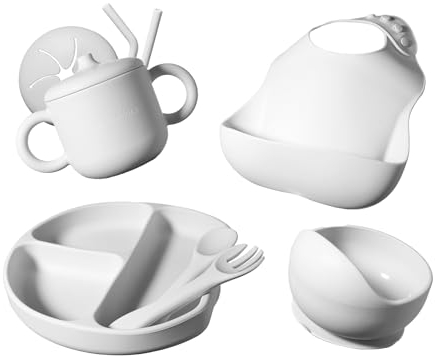Baby Lätzchen Silikon - 7 teiliges rutschfestes Kindergeschirr Set mit Teller mit saugnapf, Baby Besteckset ab 6 Monate, Löffel, Gabel, Schüssel