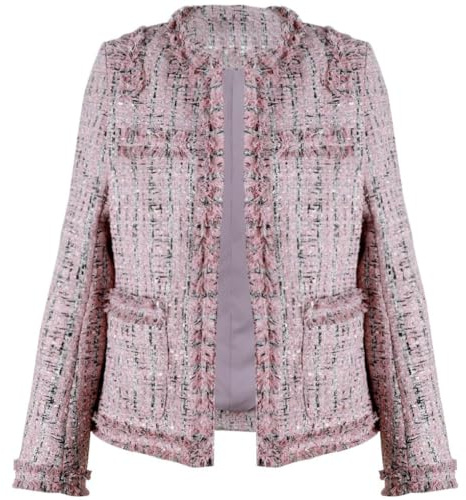 chouyatou Women's Fall Business Casual Tweed Blazer Jacket Collarless Open Front Dressy Tweed Jacket (Medium, Pink)