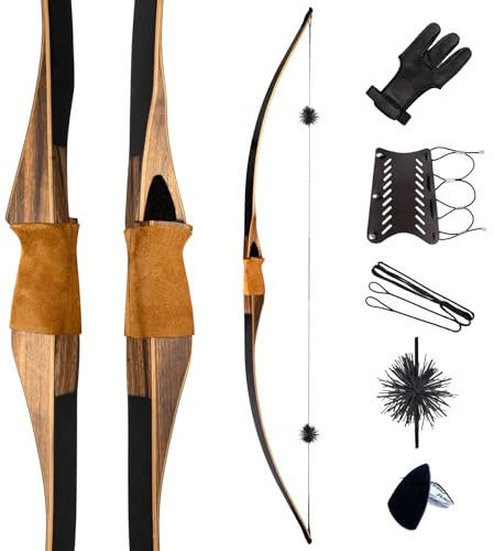 Deerseeker Outdoor Archery 64 Traditional Bow Set Hunting Longbow Reflex Deflex One-Piece Long Bow Laminated Bamboo Core Limbs Right Hand/Left Hand for Adults Bow Shooting(Black, 30lb, Right Hand)
