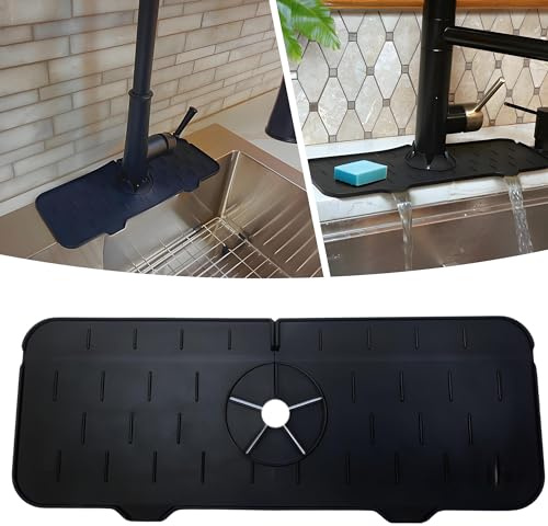 Silicone Sink Splash Guard, Drip Catcher Tray Mat | Kitchen Guard Gadgets Sink Accessories, Kitchen Sink Sponge Holder | 15 x 5.5 Drying Mat for Kitchen Counter, Faucet Accessories - Black