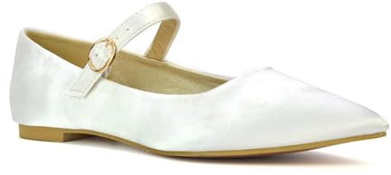 Women's Flat Mary Jane Shoes Ladies Buckle Strap Point Toe Ivory Satin Ballet Pumps Size 7
