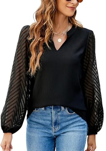 Atxnn Camiseta Mujer Blusa de Encaje Manga Larga Elegantes Top Chifón Informal Camisa con Cuello en V Otoño Túnica Color Sólido de Trabajo, Black XXL