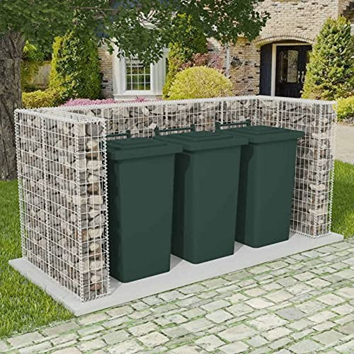 Sufrk Triple Wheelie Bin Surround Steel, Garden Bin Hideaway, Storage Shed with Locking Doors, Assisted Lift Up Lid, Outdoor Hygienic Dustbin Unit Cover, Silver, Galvanised Steel, 250x100x120 cm
