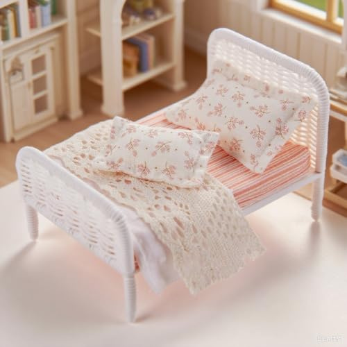 Minamzee 1:12 Letto Per Casa Delle Bambole, Letto Miniatura In Rattan Marrone Stile Fatato Pastorale Con Biancheria Rimovibile, Accessori Mobili Camera Da Letto Moderni