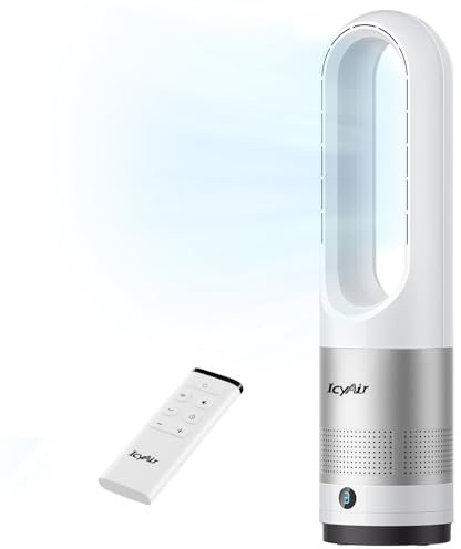 IcyAir Rotorloser Ventilator, Turmventilator sehr Leise, 35 dB, 90° Oszillation, 8 Geschwindigkeiten, 9h Timer, Kindersicher, LED-Anzeige, Ventilator Schlafzimmer Leise mit Fernbedienung