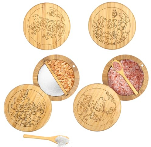 RETON Paquete de 4 cajas de sal de bambú con divisor, contenedor de especias de madera para especias y pimienta con tapa giratoria magnética y cuchara, tarros de madera para sal, pimienta, especias