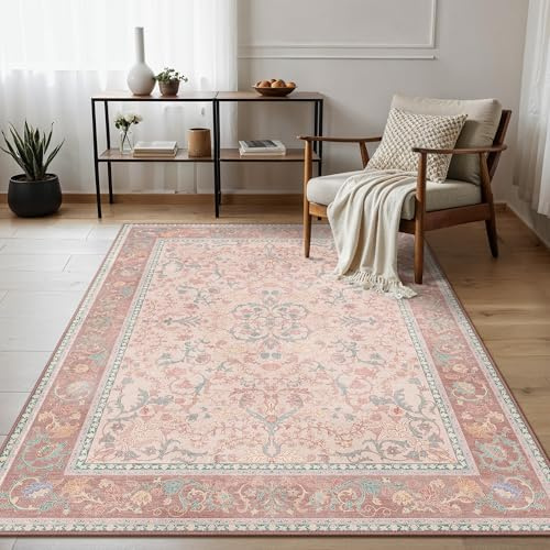 GENIMO Rugs Living Room 120x170cm,Large Washable Pink Rug with Non-Slip Backing,Vintage Floral Style Short Pile Soft Carpet for Home Office & Dining Room