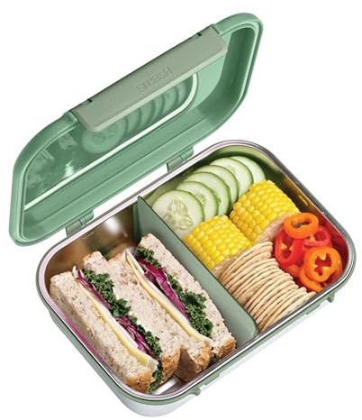 Smash 1.8L/61oz Microwave Safe Stainless Steel Bento Box with Green Hinged Lid – 2 Compartments with Movable Divider, Leak-Proof Clip Closure & Silicone Seal