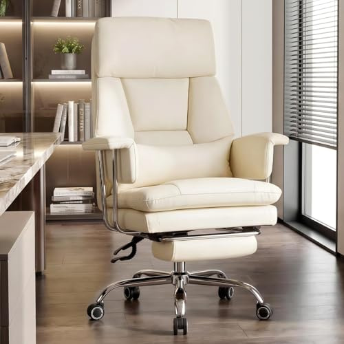 Ckaff Fauteuil de Direction, Chaise de Bureau avec Repose-Pieds en Cuir PU, Fauteuil de Bureau Ergonomique Ajustable à Dossier Haut, Pivotant 200kg avec Support Lombaire et Coussin Épaissi, Beige