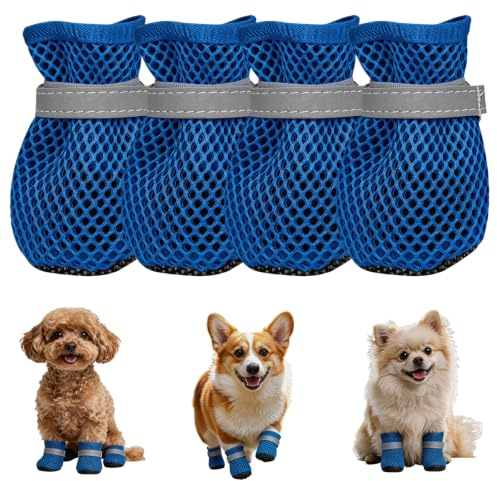 LCCGZ 4 Piezas Zapatos de Malla de Verano para Perros, Zapatos Perro Pequeño Verano, Protector de Patas para Perros Verano, Antideslizantes y Transpirables, para Suelos Quemados (Blue, L)