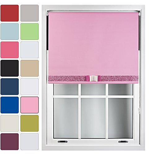 Blackout Roller Blinds + Decorative Glitter Fabric & Bow - Quality Thermal Blind - Pink 1 Up to 120cm