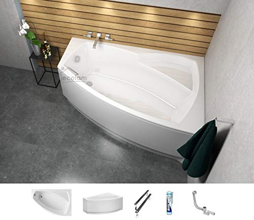 ECOLAM Badewanne Eckbadewanne Acryl Frida Polimat weiß 150x90 cm RECHTS + Schürze Ablaufgarnitur Ab- und Überlauf Automatik Füße Silikon Komplett-Set