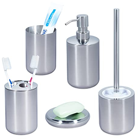Relaxdays Badezimmer Set, 5-teilig, Badaccessoires Edelstahl poliert, komplette Badezimmerausstattung, modern, Silber