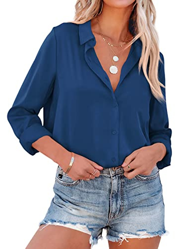 NONSAR Elegante blusa de satén y mangas largas para mujer, camisa con cuello en V, blusa de oficina de estilo casual, Blau, M