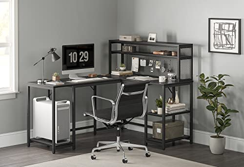 CubiCubi Schreibtisch L Form 150x120cm, Eckschreibtisch mit Regal und Drahtgeflecht, Computertisch für Homeoffice und Gaming, Schwarz