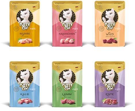 KITTY Cat Paté Mix 1, 6 x 85 g, Nassfutter für Katzen im Probierpaket, getreidefreies Katzenfutter mit Taurin, Lachsöl und Grünlippmuschel, Alleinfuttermittel mit hohem Fleischanteil, Made in Germany