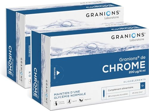 GRANIONS | Chrome | Maintien d'une glycémie normale | Chrome 200 µg | Pour toute la famille | Sans effets secondaires | Fabriqué en France | 2x30 ampoules