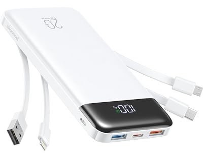 Charmast Power Bank 20000mAh Bateria Portatil USB con Cables Bateria Externa USB C Carga rapida PD 20W Powerbank con Pantalla LED para iPhone,Samsung,iPad,Tablet,Airpods etc
