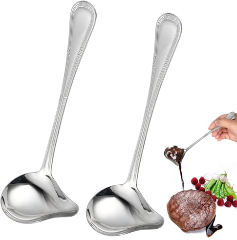 2 Pezzi Mestolo per Salsa Mestoli Cucina Acciaio Inox, 20,5cm Cucchiaio Da Zuppa Di Olio Grasso Separatore, Cucchiaio Sugo Manico Lungo, Cucchiaio Sgocciolare, Mestoli Set per Zuppa,Salsa,Condimento