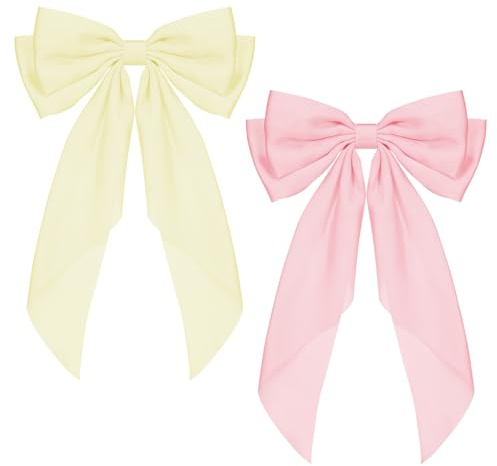 Bow Hair Clip,2Pcs Hair Bows for Women Big Bowknot Hairpin French Hair Clips with Ribbon Solid Color Hair Barrette Clips Soft Satin Silky Hair Bows for Women Girls(Pink,White)