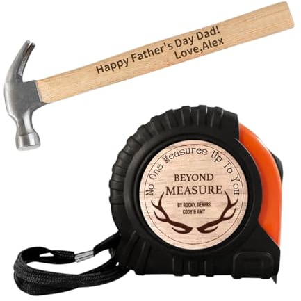ALICESER Set di misurini a nastro personalizzati per papà, nessuno misura fino a te papà, martello con manico in legno con incisione personalizzata, set di strumenti per compleanno e festa del papà,