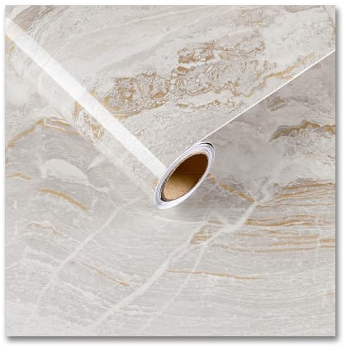 CRE8TIVE beige guld marmor vinylfolie självhäftande tapet avtagbar kök vinylwrap glansig marmor klibbig baksida plastrulle tapet för vardagsrum bänkskåp badrum 30 cm x 200 cm