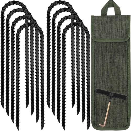RIY Trampoline Stakes Anchors High Wind 12'' Ground Anchor Heavy Duty Tent Stakes Swing Set Anchors Trampoline Accessories with T Hook - Black 8pcs