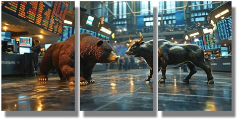 LSIUHWUWI Trading Bull Art Canvas Print Office Decor Trader, Bear and A Bull Statue Stand in a Stock Exchange Wall Decor Stock Market Investing Poster for Living Room Bedroom Decor 12x16inchx3