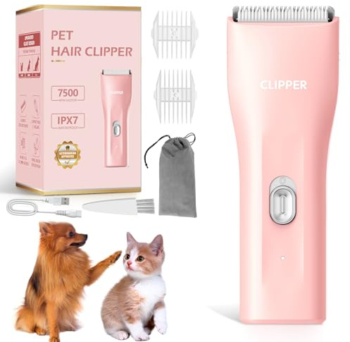 Maquina Cortar Pelo Perros Profesional con Cuchilla de Cerámica, IPX7 Impermeable Cortapelo Gato Silencioso Maquina Mascotas Eléctrico (Rosa)