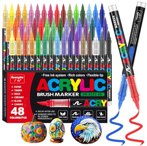 Funnasting 48 Color Rotuladores Acrilicos, Cabeza de Cepillo Suave Rotulador Acrilico, Marcadores Acrílicos para Colorear Vidrio, Pinturas Rupestres y Artículos de Artes y Oficios de Bricolaje