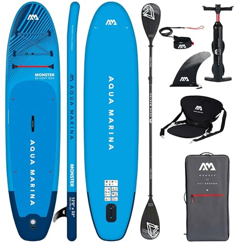 Aqua Marina Monster 12'0 – Tavola gonfiabile 2 in 1 con sedile per kayak e doppia pagaia, set per principianti e avanzati, set completo con pompa, zaino e leash
