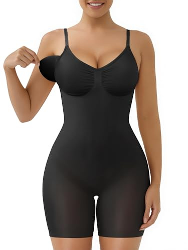 SHAPERX Body Gainant Femme Ventre Plat Invisible Gaine Amincissante Shapewear Bodysuit et Bonnets Amovible, UK-SZ5468-Black-2XL-Plus