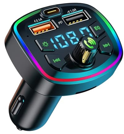 Supecesorio FM Transmitter Auto Bluetooth, Adapter Freisprecheinrichtung, 2 USB + Typ C Ports, MP3 Schnelles Autoladegerät Audio Radio Wireless, Unterstützung TF Karte, U-Disk, Umgebungslicht