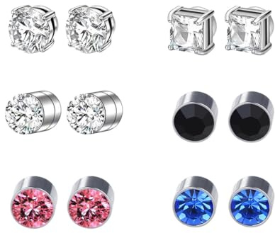 HABNI 6 Pares Pendientes Iman Hombre Pendientes Magnéticos Sin Necesidad De Perforar Pendientes De Imán Para Hombre Y Mujer Pendientes Magnéticos Hombre Plata Azul Rosa Negro