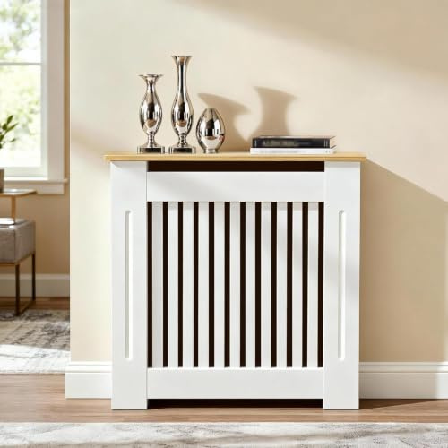 FATIVO Cubre Radiadores Alta Blanca Moderna: 78x20x92.5cm Cubre Radiador de MDF con Estante Superior de Madera, Cubreradiador Reforzada y Duradera para el Hogar u Oficina(Vertical)