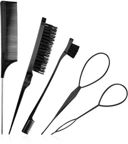 5 Pcs Slick Brush Set, Plastic Bristle Hair Brush and Teasing Comb and Topsy Tail Hair Tool, Rat Tail Comb Double Sided Edge Brushes for Hairs Slicking, Brushing, Combing and Styling(COLOR:Black)