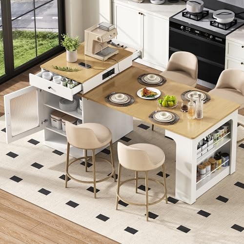 Bladez Isola da cucina con ruote, tavolo da pranzo estensibile con piano rimovibile, tavolo da bar con prese elettriche e spazio di archiviazione, credenza con ante in vetro per cucina e sala da