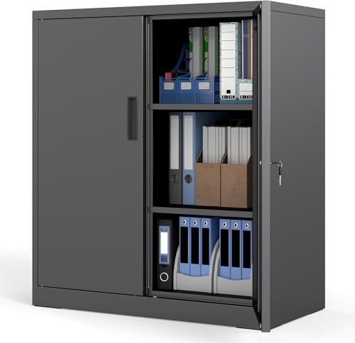COSTWAY Armoire Bureau Metallique, Armoire Rangement Garage en Acier, 2 Portes Verrouillables, Étagères Réglables en 26 Positions, Dispositif Anti-Basculement, pour Atelier, Noir (80 x 40 x 91 cm)