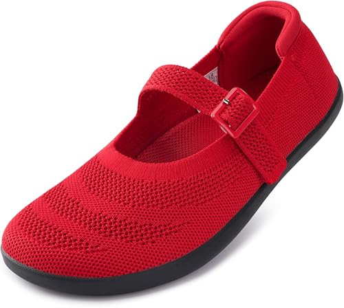 WHITIN Barefoot Mary Jane Flats for Women Wide Toe Box Shoes Minimalist Zero Drop Sole Size 8 Knit Width Fit Ballerina Ballet Walking Soft Strap Wedding Red 39