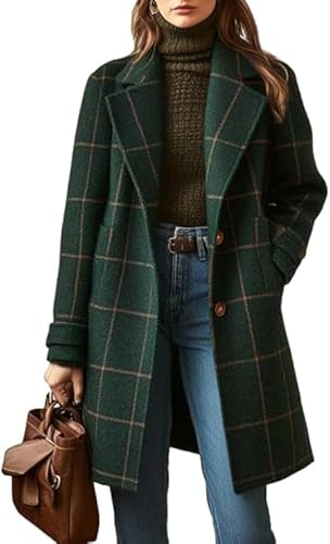 Abrigos de lana a cuadros de invierno para mujer, estilo vintage, de longitud media, con solapa, abrigo, casual, chaqueta cálida de lana a cuadros para mujer, verde, L
