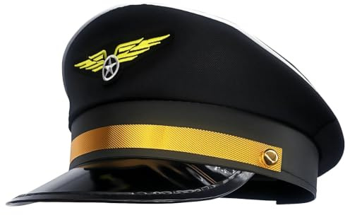 XNHIU Black Pilot Hat Airline Captain Cap Airplane Aviator Costume Headdress for Halloween Cosplay Party & Daily Outfit