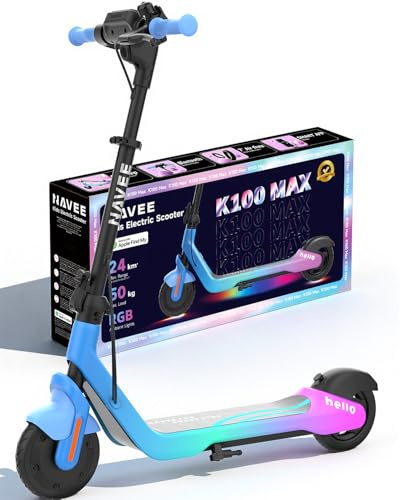 NAVEE K100/K100 Max Trottinette Electrique Enfant 6-10 Ans, 14KM-24KM Autonomie, Vitesse Max 16 km/h, Pneus Pleins 7, Contrôle Via APP, Écran LED 4, Lumières RGB, Trottinette Électrique Enfant