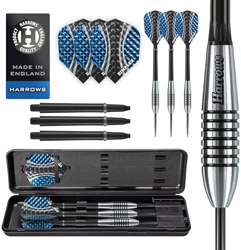 Harrows Bomber 85% Tungsten Dart | Stål Tip Darts set med bärväska | 21 g, 23 g, 25 g och 27 g | Inkluderar svarta nylonaxlar och 100 Micron Dimplex-flygningar 23 g