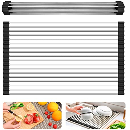 WOODFIB Roll Up Dish Drying Rack, Kitchen Over Sink Dish Drainer Sink Rack, Foldable Multi-Use Dish Drainers with Non-Slip Silicone and 304 Stainless Steel Pipe (43cm x 35cm,Black)