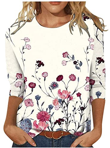 Womens 3/4 Sleeve Tops Cute Print Tee Shirts Casual Lightweight Blouses Summer Round Neck Ladies Tops Beige L