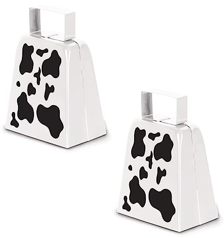 Beistle Cow Print Cowbells – 2-Pack Metal Noisemakers with Black and White Holstein Design, Farm Animal Celebration Accessory, Sports Event Spirit Bells, and Western and Barnyard-Themed Décor, 4”