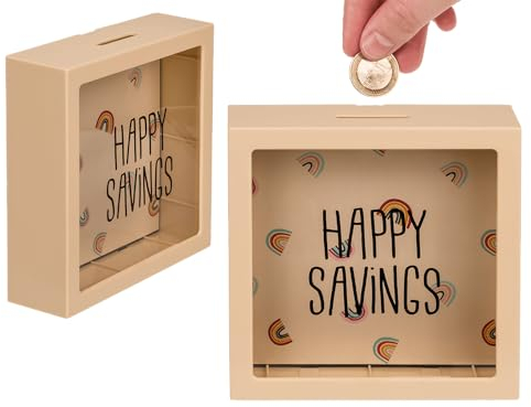 Cremefarbene Spardose mit Regenbögen, Happy Savings, ca. 15 cm, aus Kunststoff, Creme
